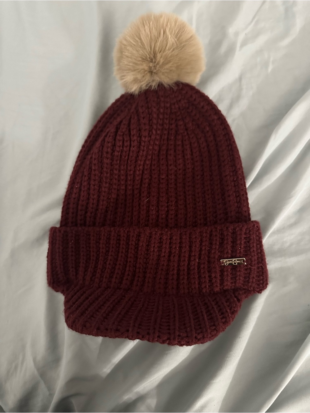 Jessica Simpson Burgundy Knit Beanie with Tan Pom